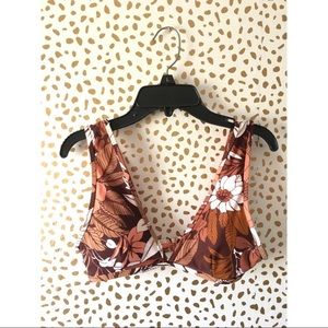 Aerie Bikini Top Brown Floral Tropical V Neck Small NWOT